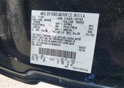 2004 Ford Ranger Edge/Tremor/Xlt из США, поврежденный, VIN 1FTZR45E14TA08878